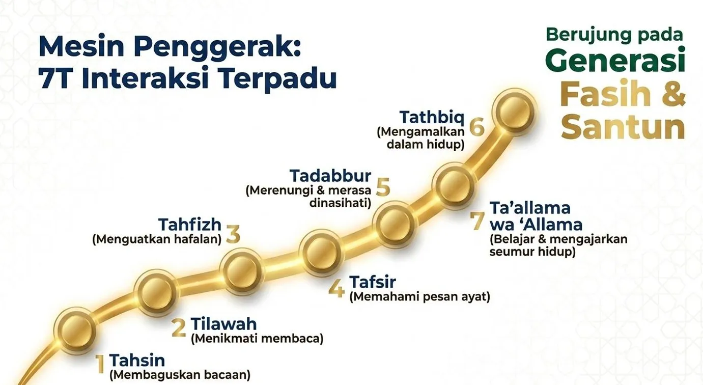 Diagram 7T Interaksi Terpadu IWR: Tahsin, Tilawah, Tahfizh, Tafsir, Tadabbur, Tathbiq, Ta'allama wa 'Allama, berujung pada generasi fasih dan santun